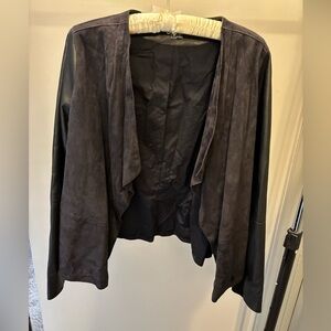 Vince Navy Suede Women's Blazer with Black Leather Sleeves